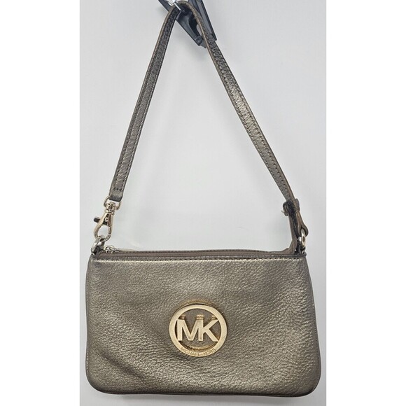 Michael Kors Handbags - Michael Kors Fulton Gold Metallic Pebbled Leather Wristlet Shoulder Bag 7"x4.5"